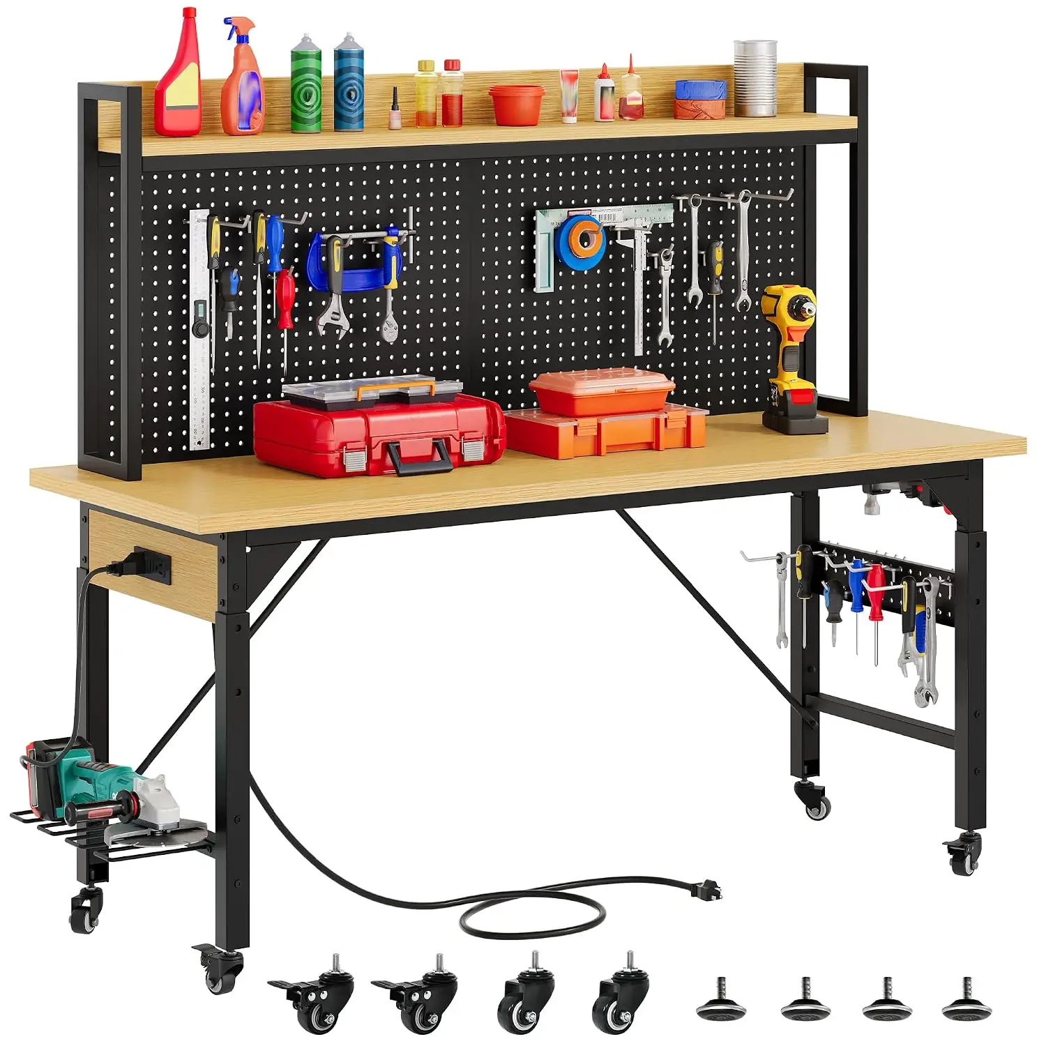 60in Heavy Duty Workbench with Pegboard & Wheels Adjustable Work Table, Custom