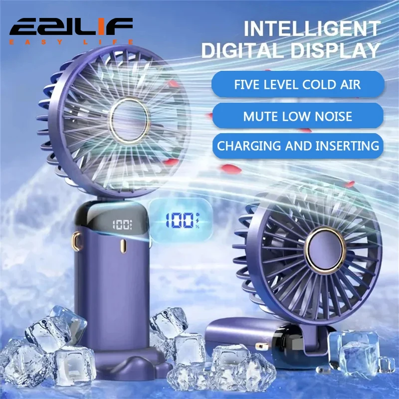 

Портативный мини-вентилятор с USB, складные переносные подвесные вентиляторы на шею, Перезаряжаемый USB вентилятор с 5 скоростями, с подставкой для телефона и дисплеем