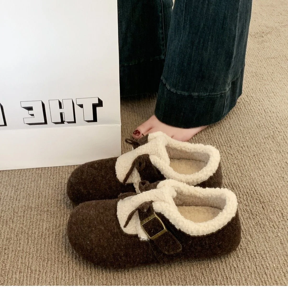 woolen gray Mary Jane shoes children's all-inclusive Birkenstocks piled thickened thermal cotton shoes lamb wool shoes