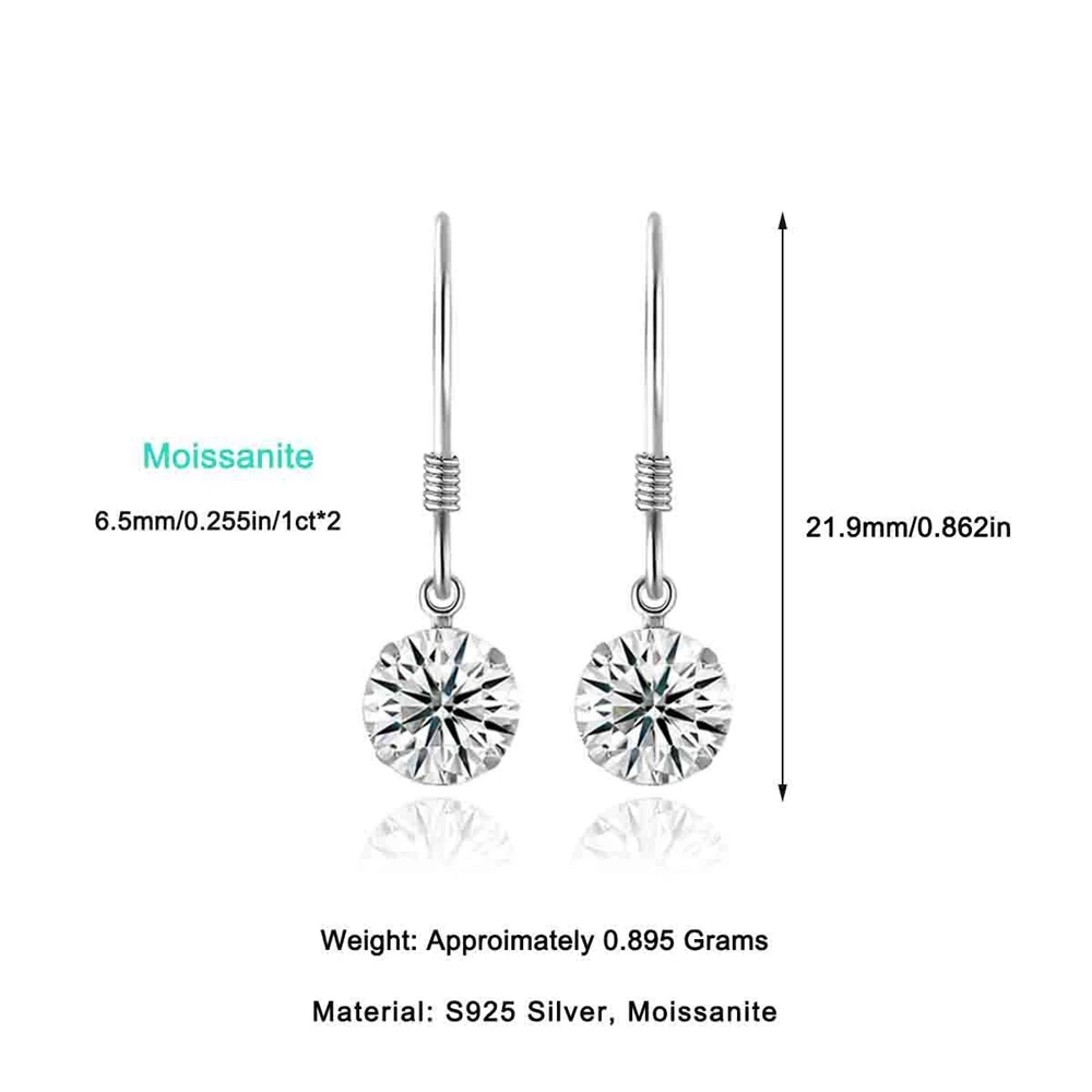 Vinregem GRA 3EX VVS1 D Color Round Cut 6.5 MM Real Moissanite Diamonds Gemstone Drop Earrings 925 Sterling Silver Jewelry Gifts