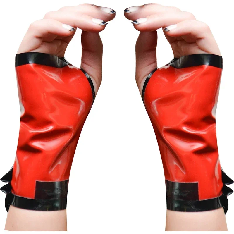 eurocat Red And Black Fingerless Short Latex handmade sexy design rubber Gloves With Trims And Bows Rubber Mittens