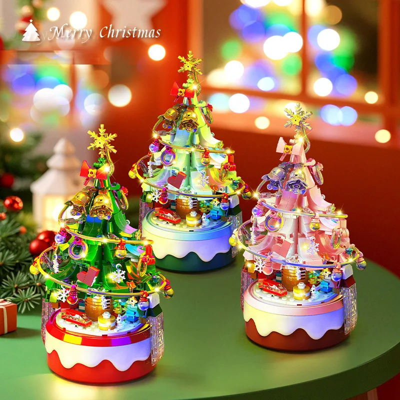 مع ضوء LED هدية عيد الميلاد صندوق تشغيل الموسيقى الصغير للأطفال شجرة عيد الميلاد سانتا كلوز نموذج الطوب الصغير بنة الطوب #1