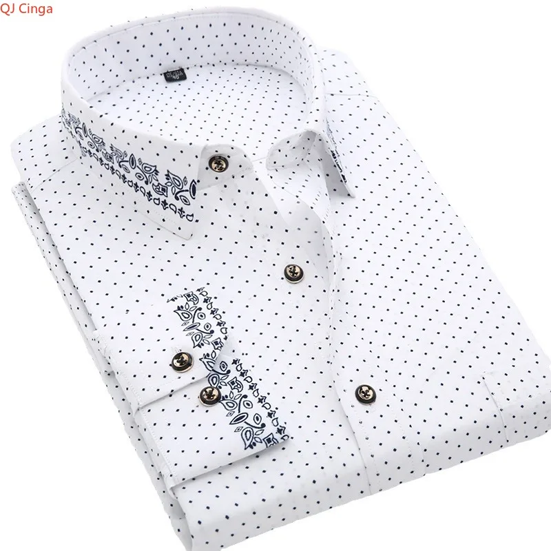 

Spring Men's White Floral Long-Sleeve Shirt, Single-Breasted Polka Dot Print Decorative Shirts, Asian Sizes M-5XL. New 2026