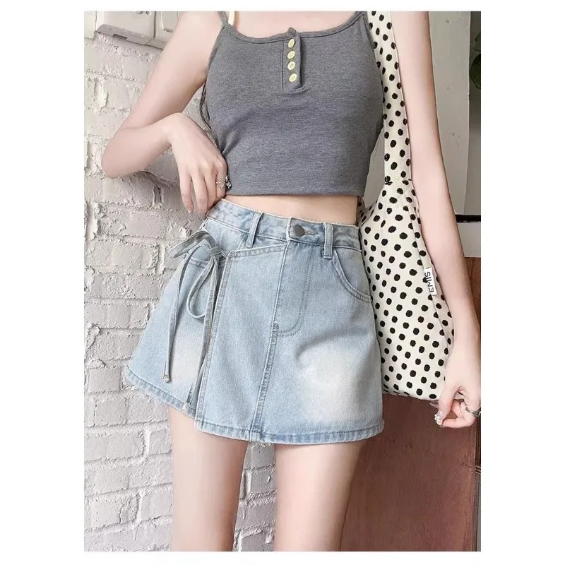Women's High Waist A-Line Denim Skort Irregular Tie Design Fake Two Piece Mini Skirt Shorts Summer Casual Petite Ladies Bottoms