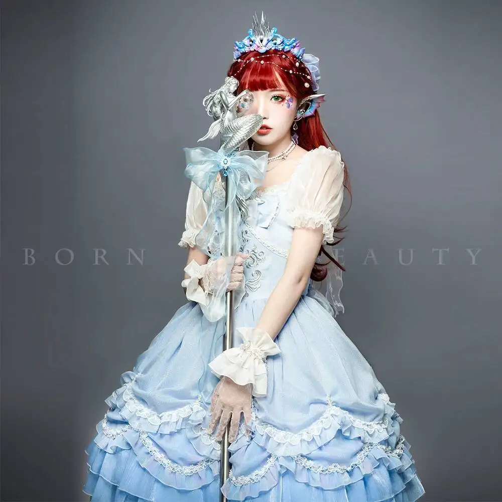 

Mermaid Lolita OP Dress Light Blue Sheer Puff Sleeve Lace Ruffle Tiered Kawaii Princess Tea Party Cosplay Costume