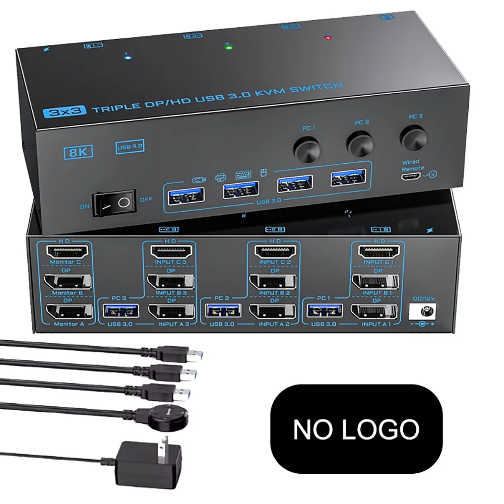 KVM Switcher HDMI KVM 3 in 3 out 8K@60Hz 4K@144Hz Triple Monitor USB 3.0 DP Switcher For Keyboard Mouse Printer HDMI-compatible