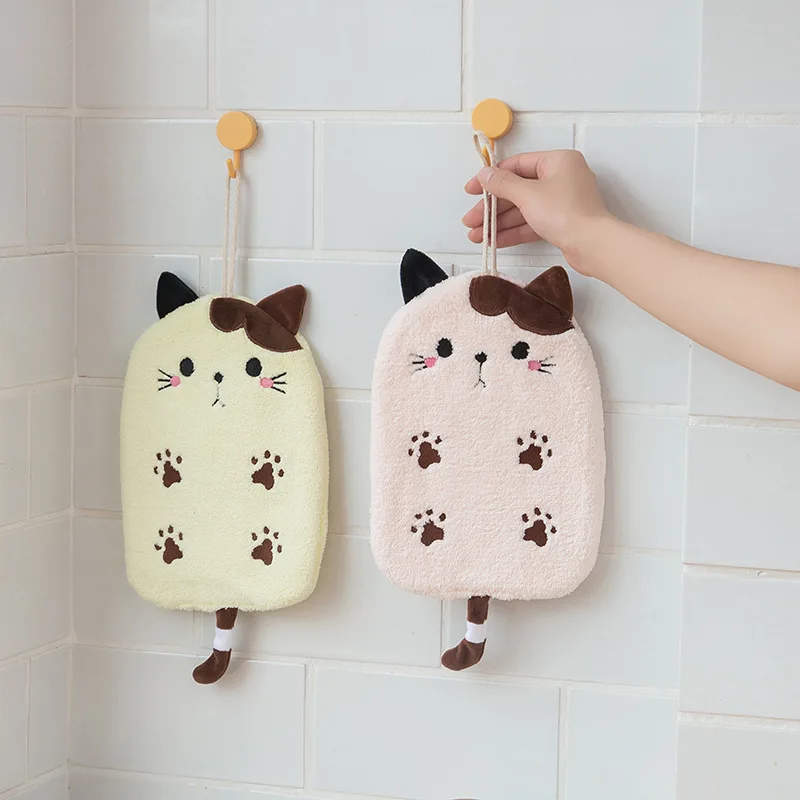 1Pcs Super Absorbent Hanging Type Cat Embroidered Towelette Home Decora Dual Purpose Coral Velvet Hand Towel Bathroom Supplies