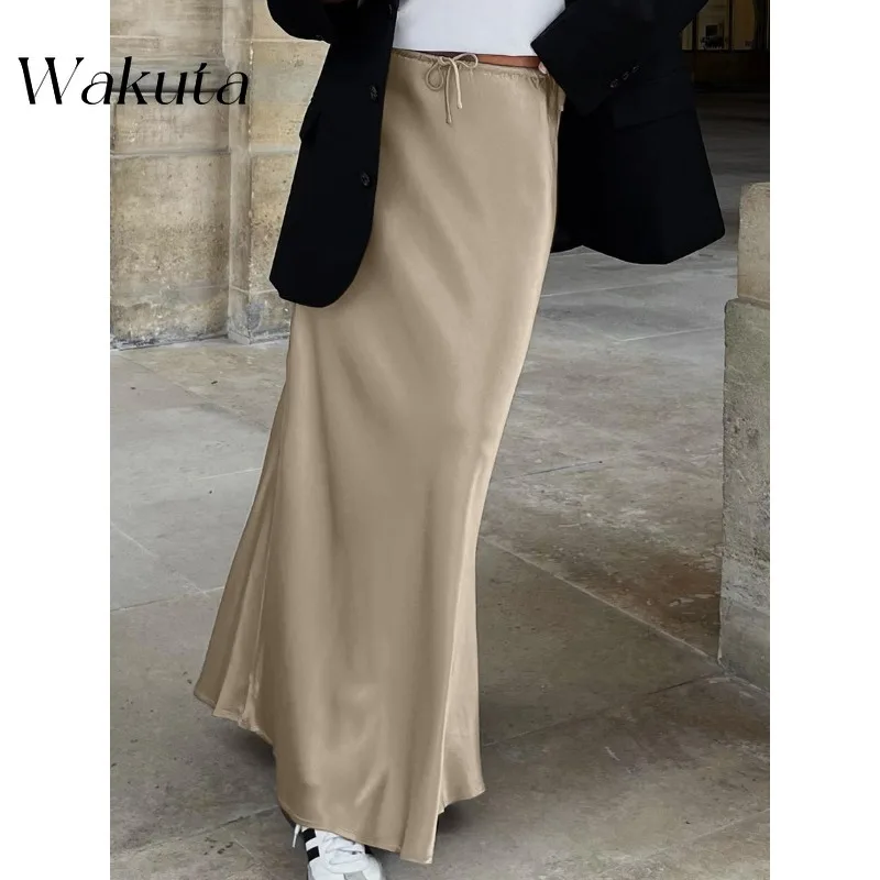 WAKUTA 2024 autunno francese a vita alta cravatta pendolare Maxi Y2K gonna temperamento sottile Versatile coda di pesce lungo Vestido Elegante Mujer