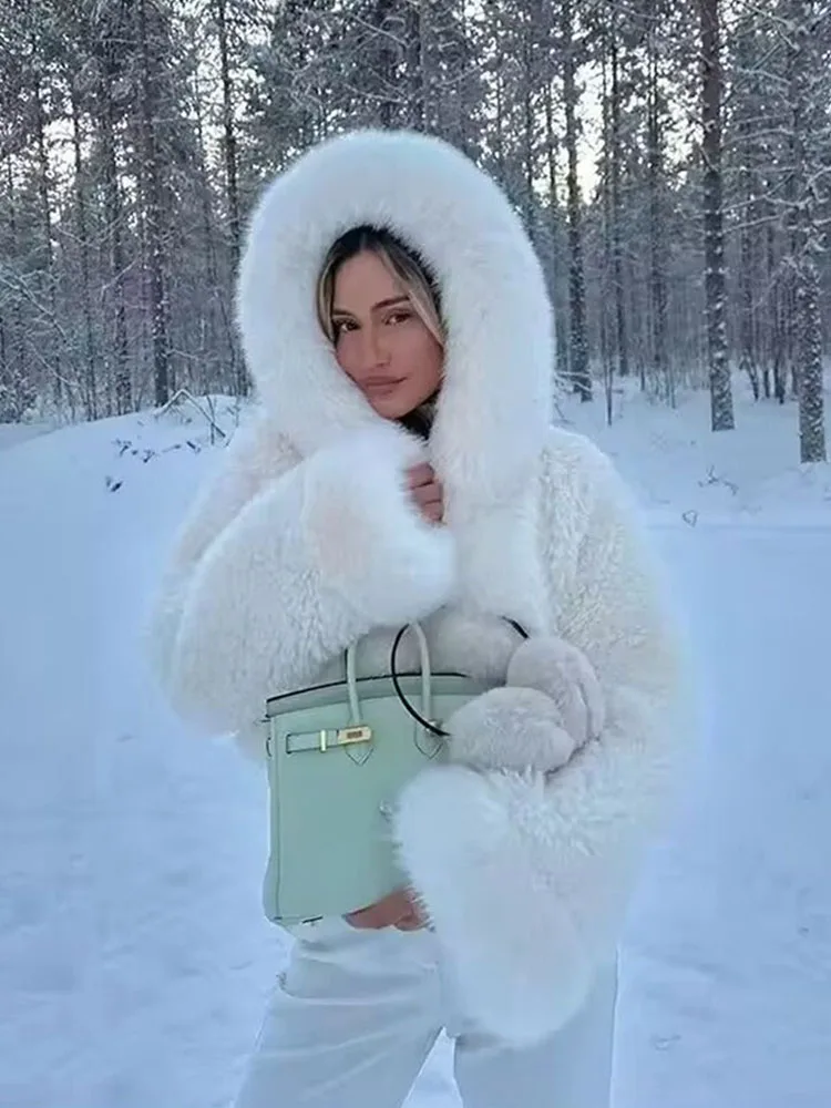 ZADORIN High Quality Faux Fur Coats Hooded Cropped White Black Faux Fur Coat Woman Clothing Fluffy Fur Jacket Winter Outerwears