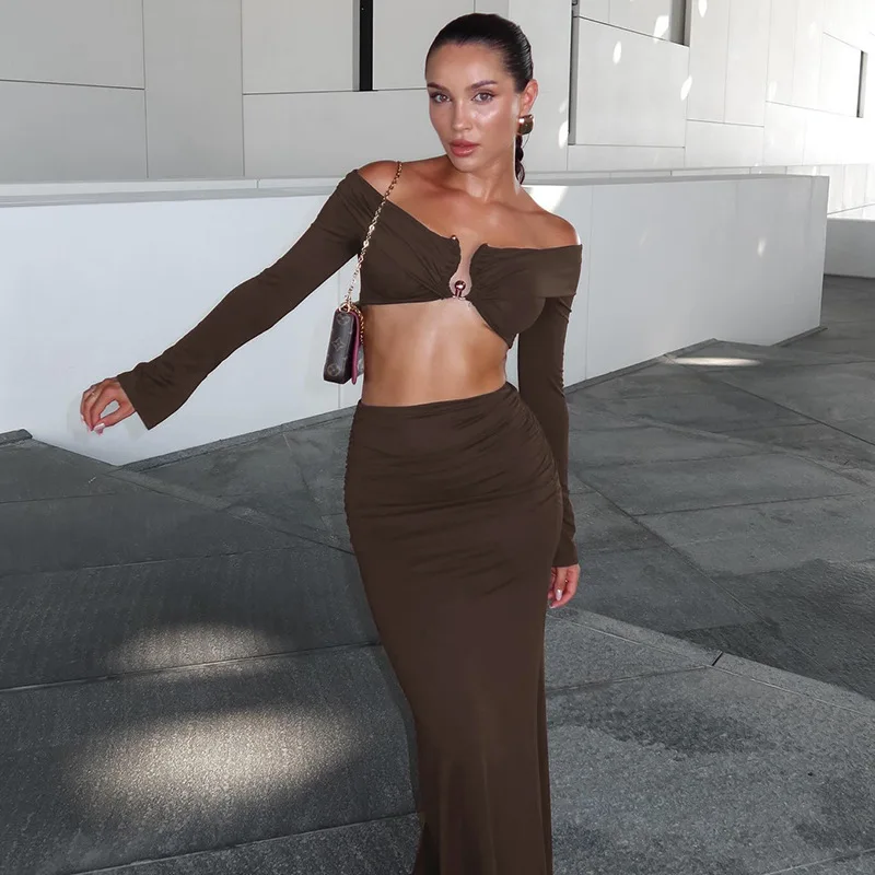 Elegant Solid Color 2 Piece Set Off-Shoulder V Neck Long Sleeve Top Ruched High Waist Slit Maxi Skirt 2024 Autumn Homecoming