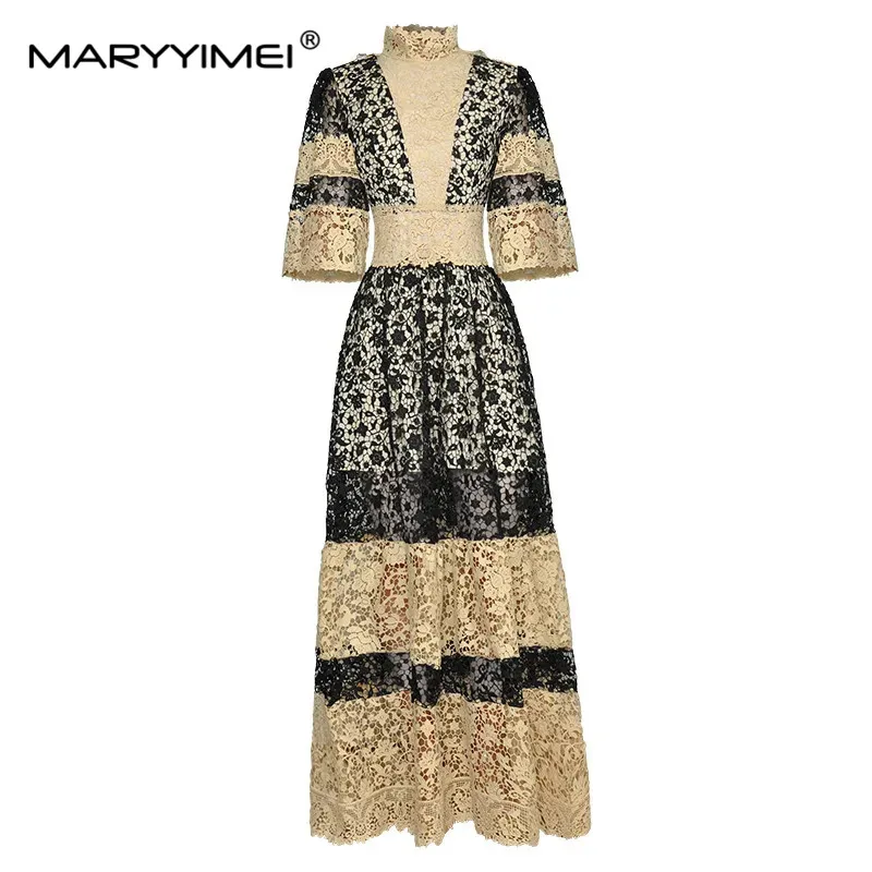 

MARYYIMEI Fashion Designer dress Summer Women Dress Stand collar half sleeve Patchwork Hook flower hollow Vintage Party Dresses