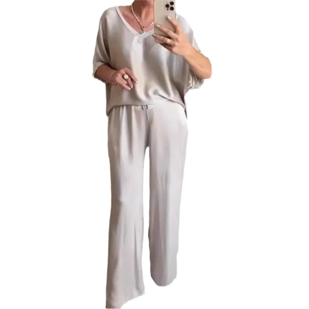 Traje elegante de satén para mujer, de manga corta Camiseta holgada, pantalones de pierna ancha con cintura elástica, conjunto de 2 piezas, verano y