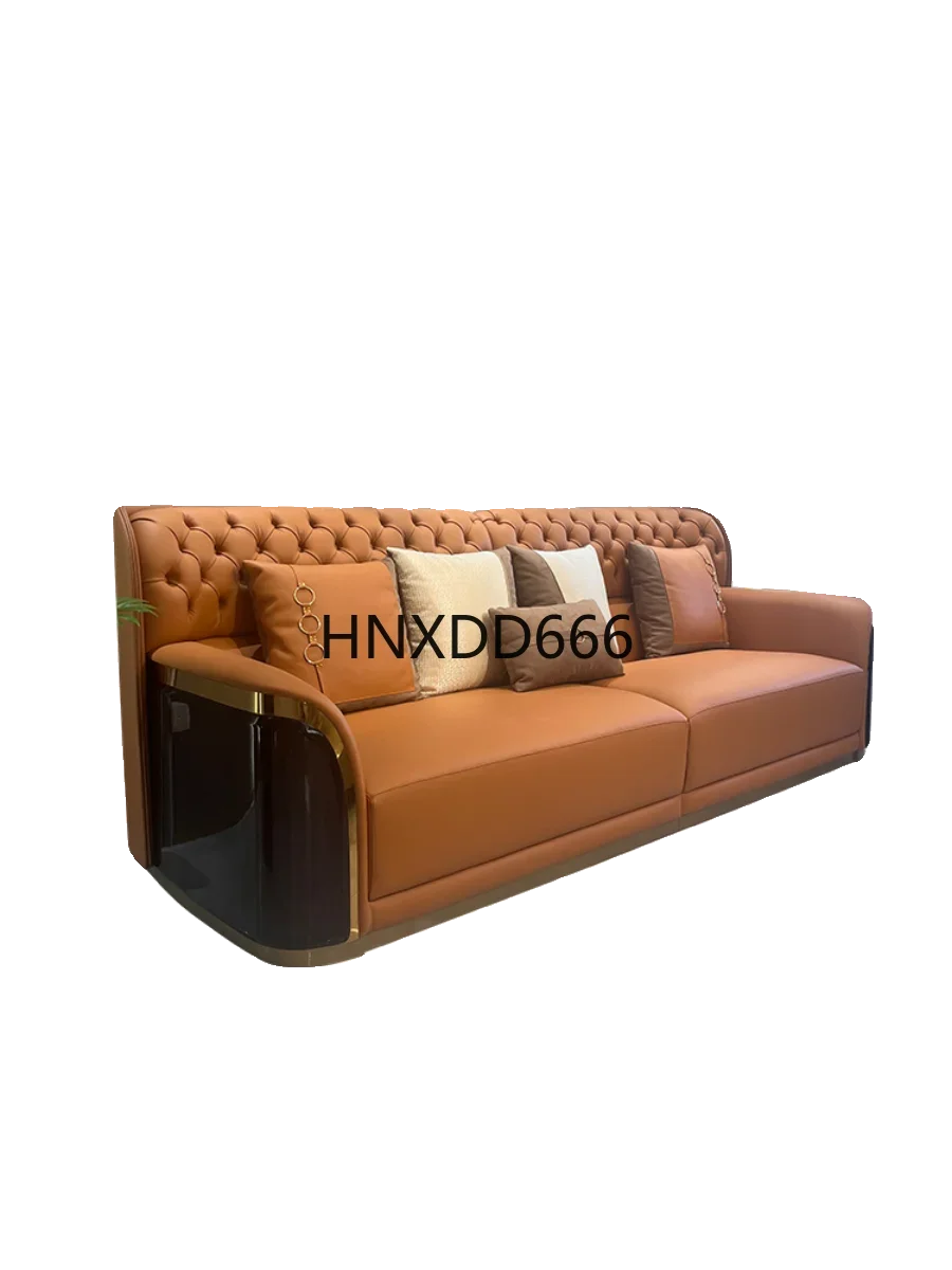 Italian light luxury high backrest buckle leather sofa