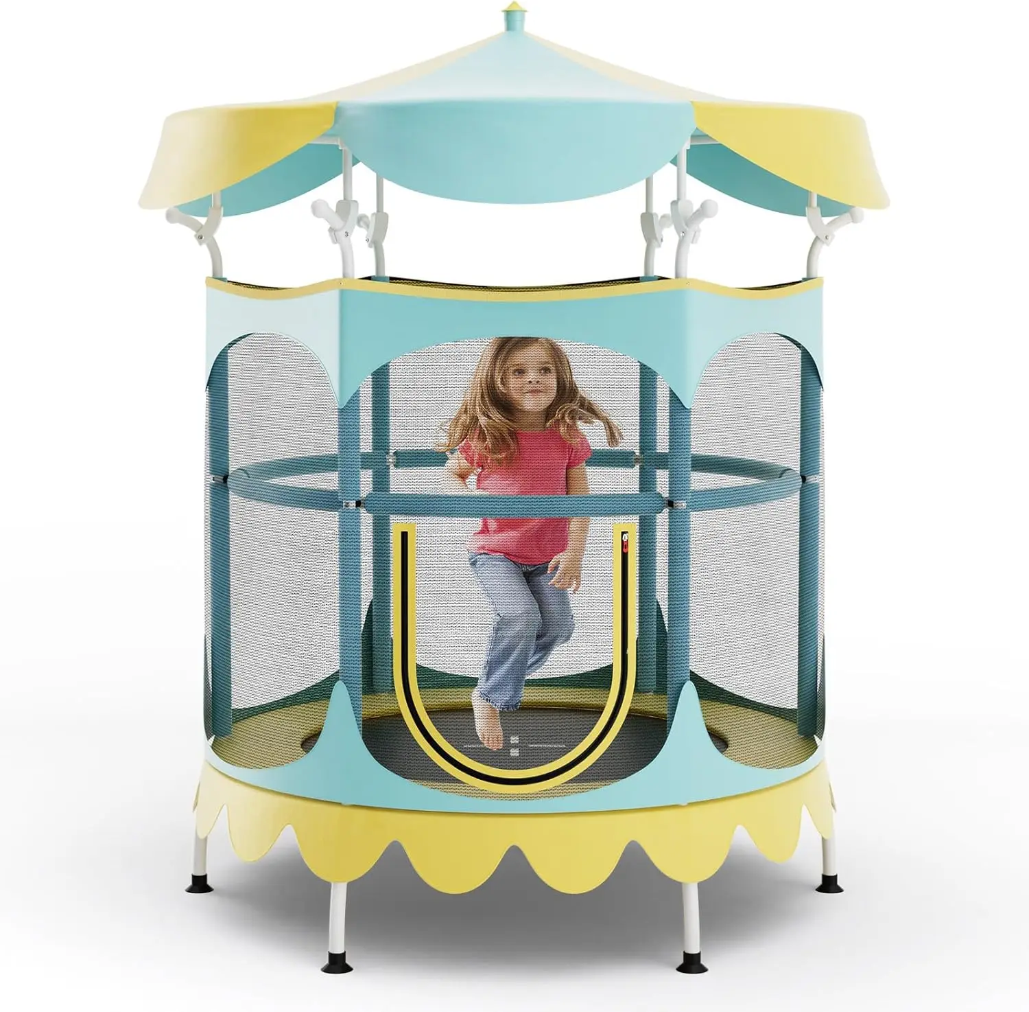 

Детский батут, 64-дюймовый батут для малышей со съемным навесом, защитная сетка, ручка из пенопласта, антикоррозийные пружины, в помещении