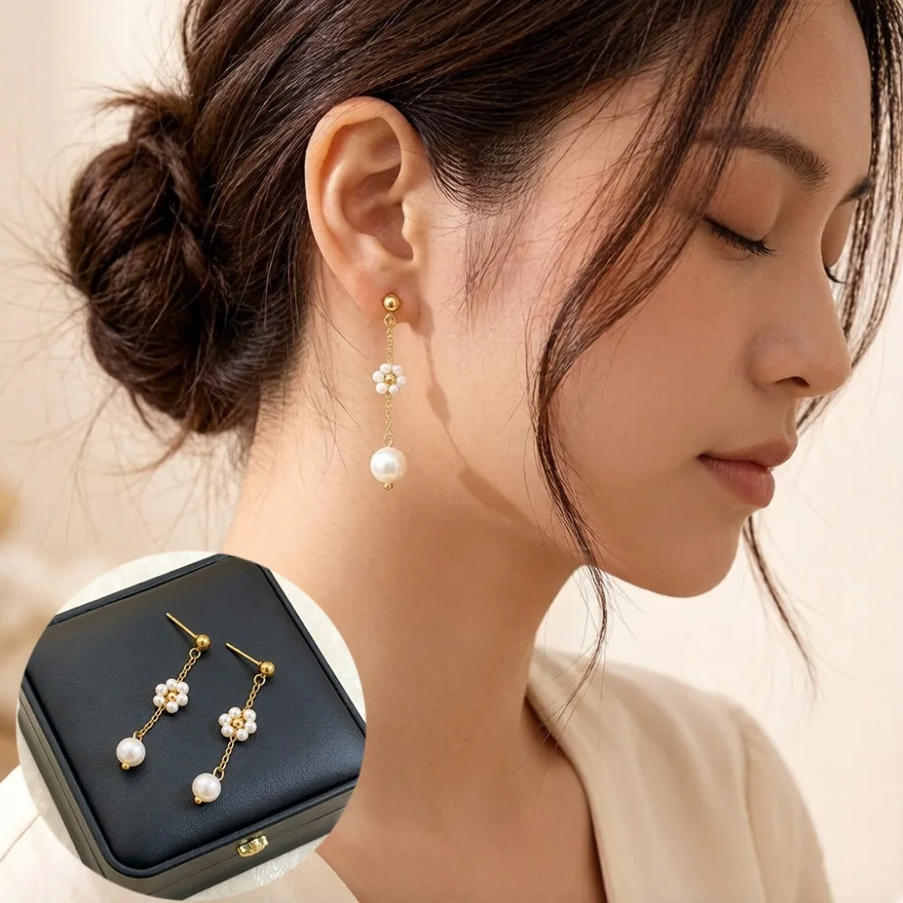 Temperament Luxury Pearl Flower Stainless Steel Stud Earrings for Women Retro Romantic Vacation Birthday Gift Jewelry Colorfast