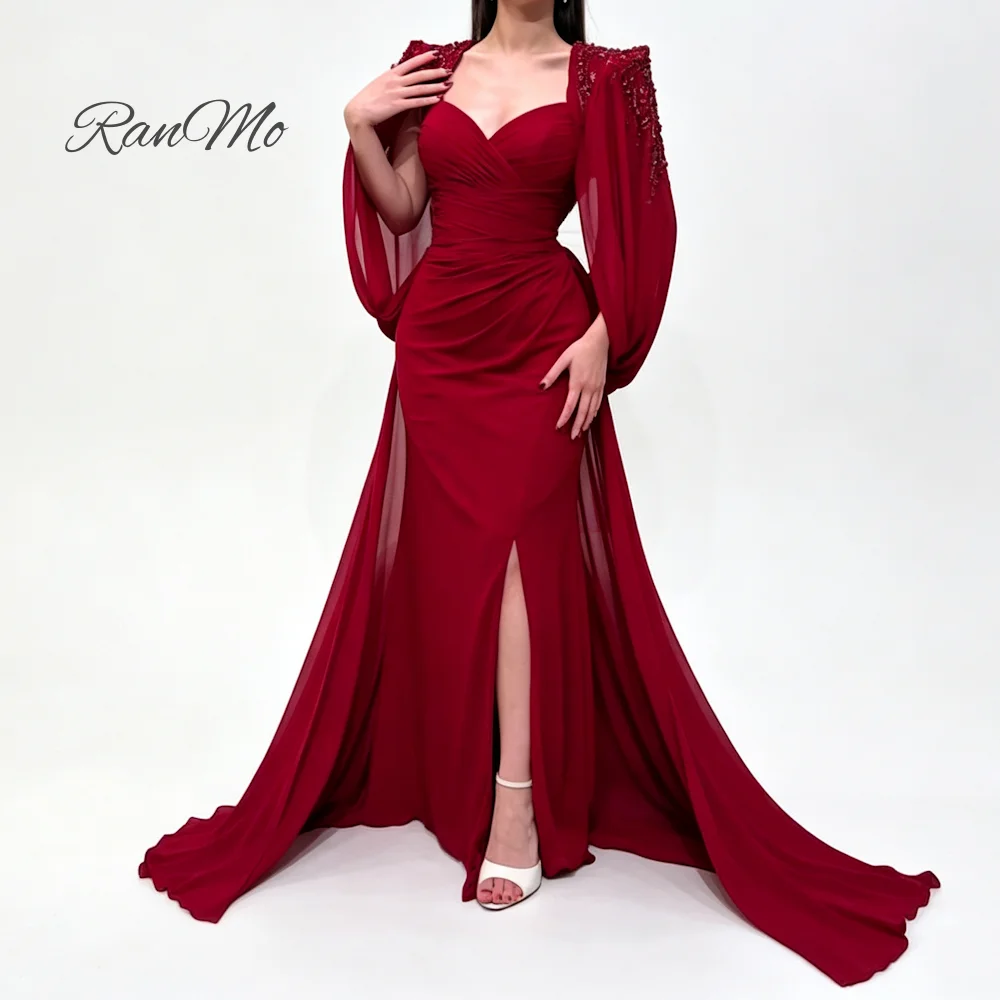 Customizable RanMo Burgundy Sweetheart Mermaid Evening Dress Beaded Cape Side Slit Floor Length Formal Party Gown
