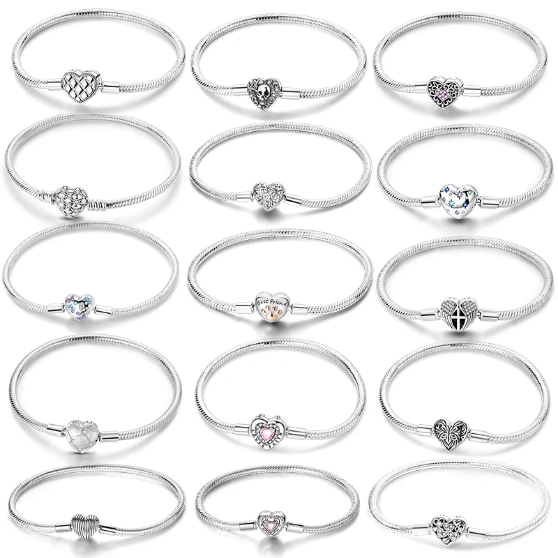 

Bracelet Silver 925 Original 17-20CM Heart-Shaped Love Women's Bracelet Green Zircon Bracelets Fit DIY Charms Jewelry Gifts Hot