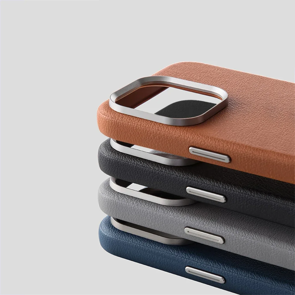 

Brown Leather Magnetic Charging Case for iPhone 14 15 16 Pro Max Business Metal Buttons Camera Protection Shockproof Back Cover
