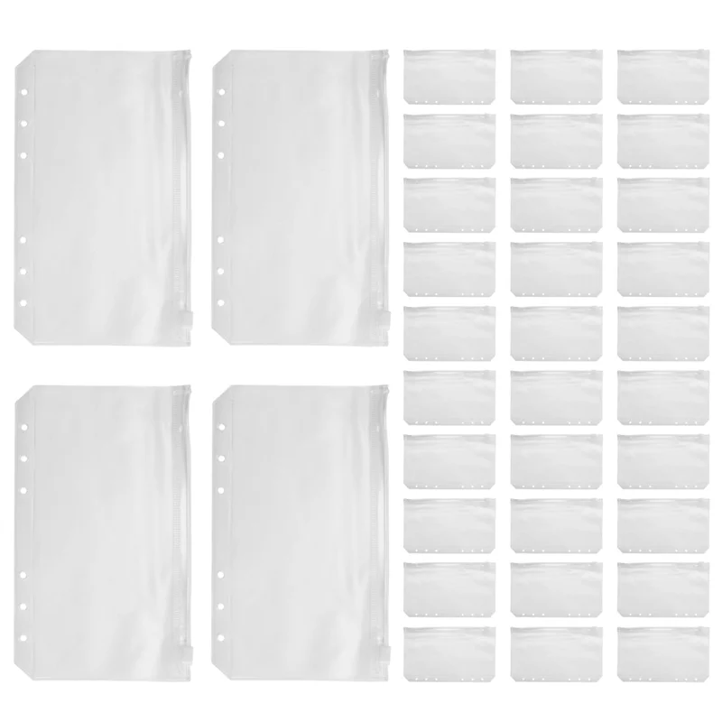 34 PCS 바인더 포켓 A6 크기 6 구멍 지퍼 바인더 파우치 폴더 6 링 바인더 용 투명 방수 PVC 루스 리프 가방