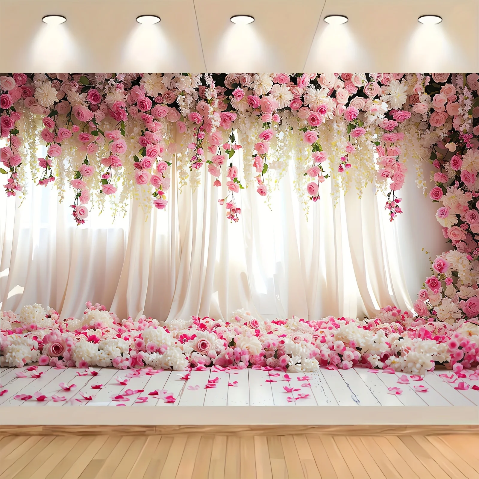 Pink Flower Photography Background - Wedding Flower Background, Birthday Banner, Party Supplies Decoration