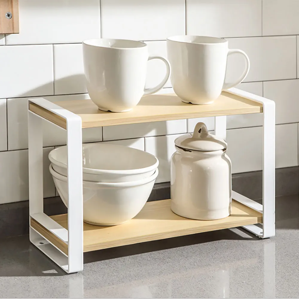 

Kitchen Cupboard Storage Rack 2 Tier Wooden Shelf Organizer Buffet Spice Jars Bottle Cups Holder Display Book Shelves