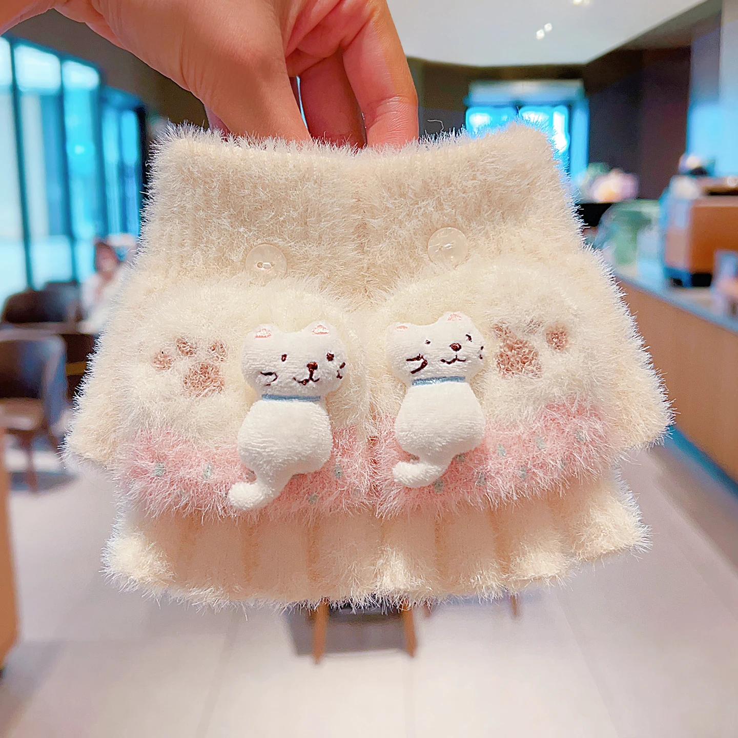 4-7Y Girls Winter 2 in 1 Convertible Flip Gloves Cute 3D Cat Decor Knitted Plush Gloves Kids Paw Print Windproof Thermal Mittens