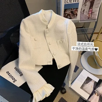 ז 'קט ציוץ אלגנטי נשים croffles patchwork מעיל השורורורטט אופנה קוריאני לבן בלייזר חורף נשים