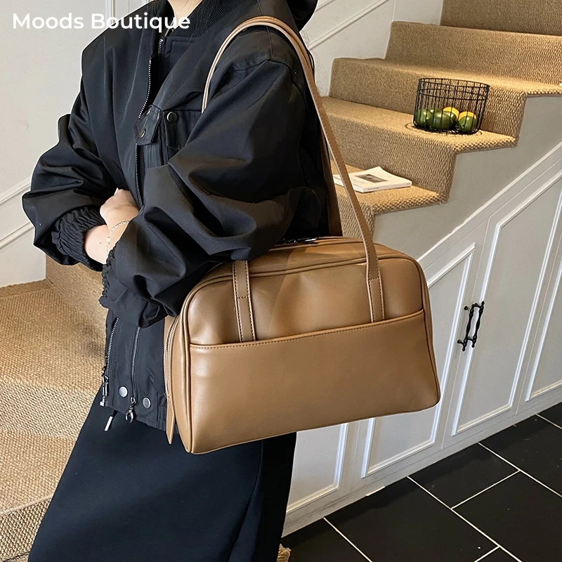 

Vintage Style Shoulder Boston Bags For Women 2025 Latest Luxury Designer Handbags Pure Color Commute Large Capacity Shopper Tote