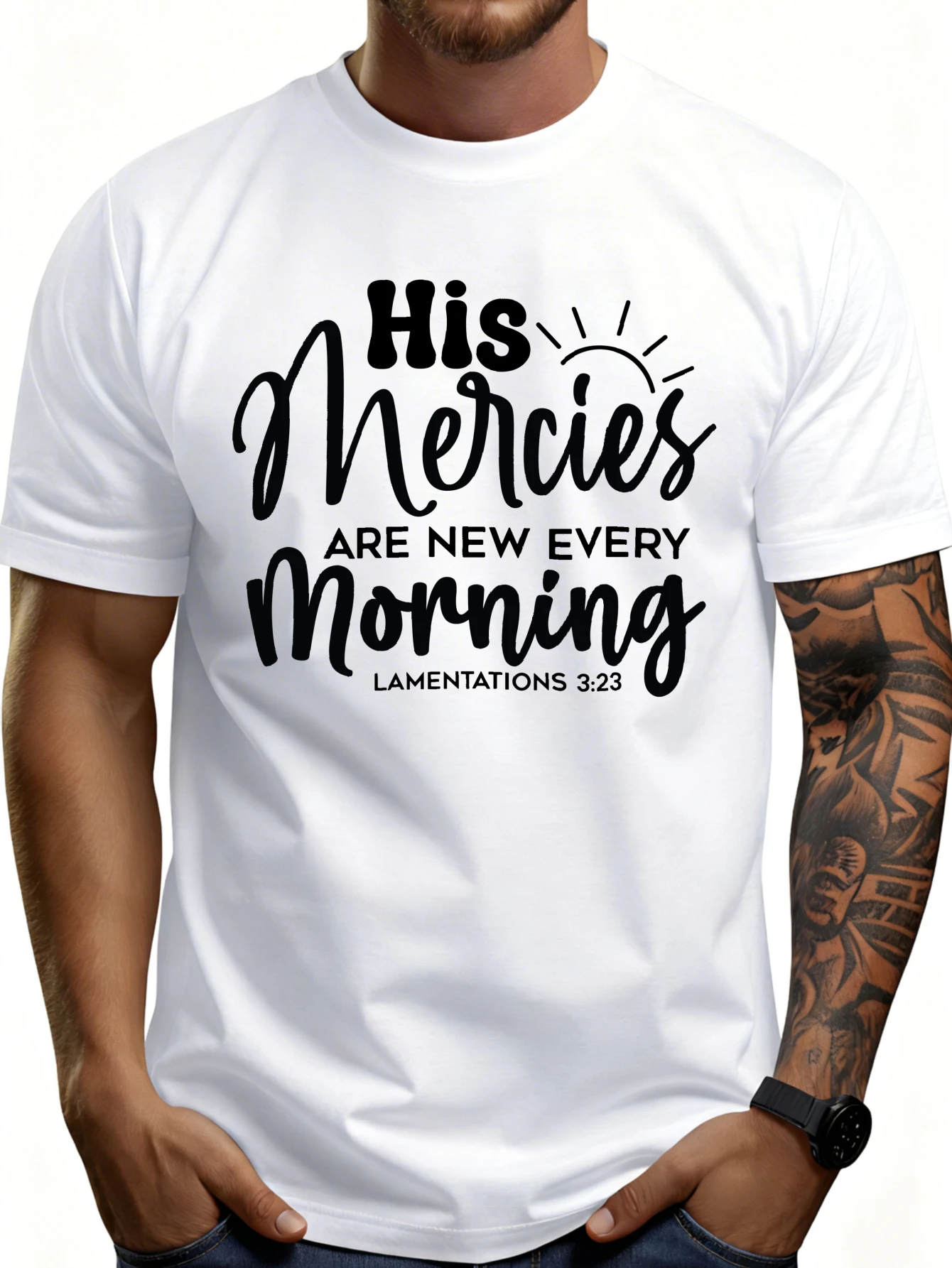 Men's Plain Graphic T-Shirt - Breathable, Soft, Lightweight - New Graces for Every Morning - Vintage Fun Graphic Casual Short Sleeve Summer Top, Gift for Him