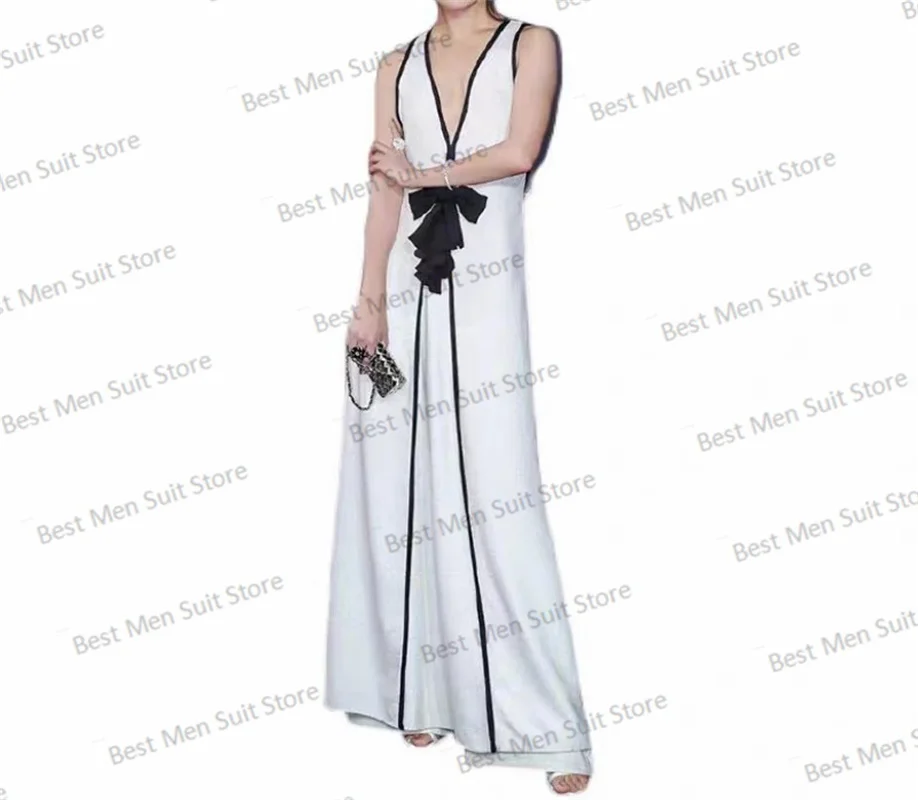 Elegant White Women Suits Set For Wedding Long Blazer+Pants 2 Pieces Bow Party Prom Dress Gown Sleeveless Jacket Custom Made