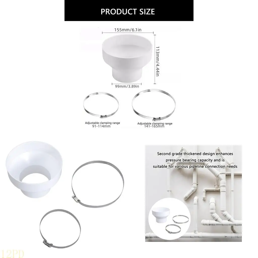 

Переходник для труб 12PD с 150 мм на 100 мм с 2 металлическими хомутами для шлангов, удобен для использования в домашних и