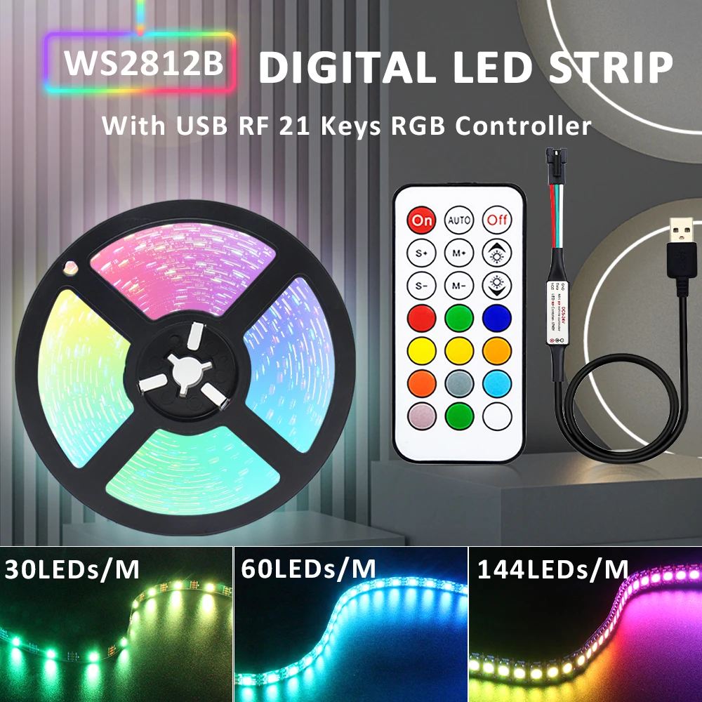 WS2812B USB RGB IC LED Strip Lamp Waterproof LED Chip 5V DC Ribbon Digital Colorful Tape 5050 SMD RF 21key Remote Controller Kit