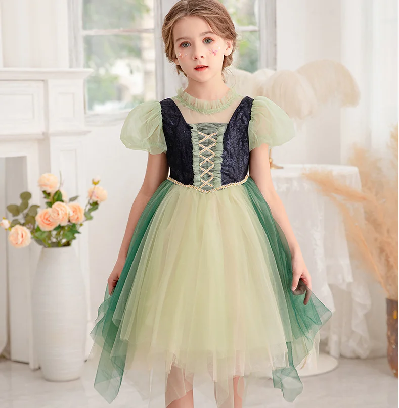 Retail New Baby Girls Boutique Cosplay Mesh Flower Dress, Princess Kids Elegant Party Birthday Mesh Dress 3-7T