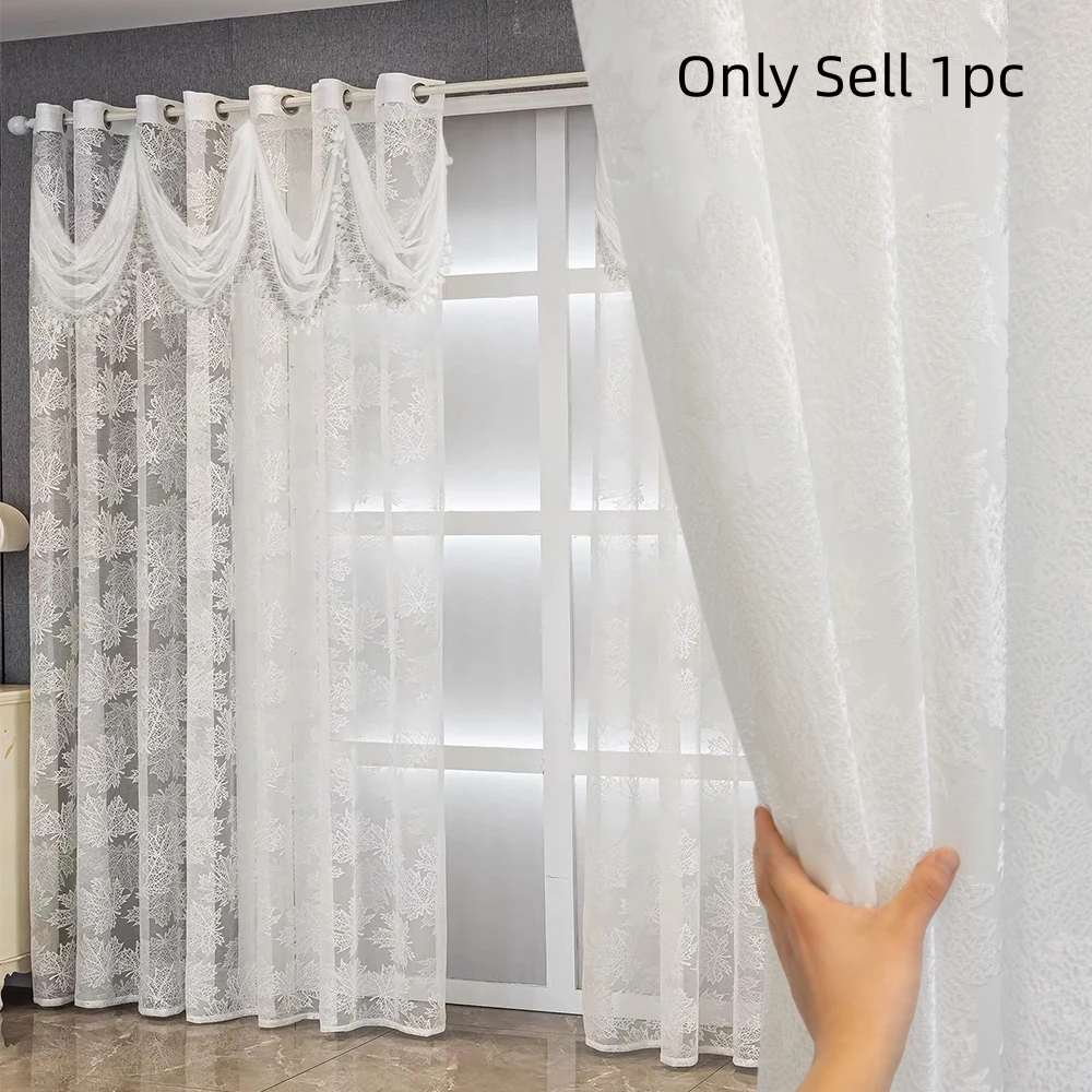 1pc French Romantic Maple Leaf Embroidery Sheer Curtains With Lace Valance,Grommet Top Light Filtering For Living Room,Bedroom