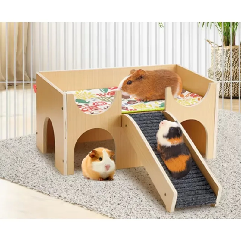 Large modern wooden guinea pig hideout, untreated wooden bedding with waterproof urine pad print pattern pet house