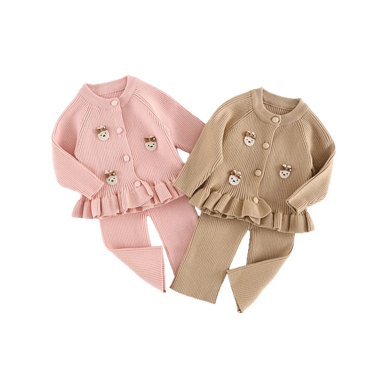 

Baby Girl Knitted Set winter Cute Sweater + Brown Ruffle Flared Pants Fashion Girls Clothing set