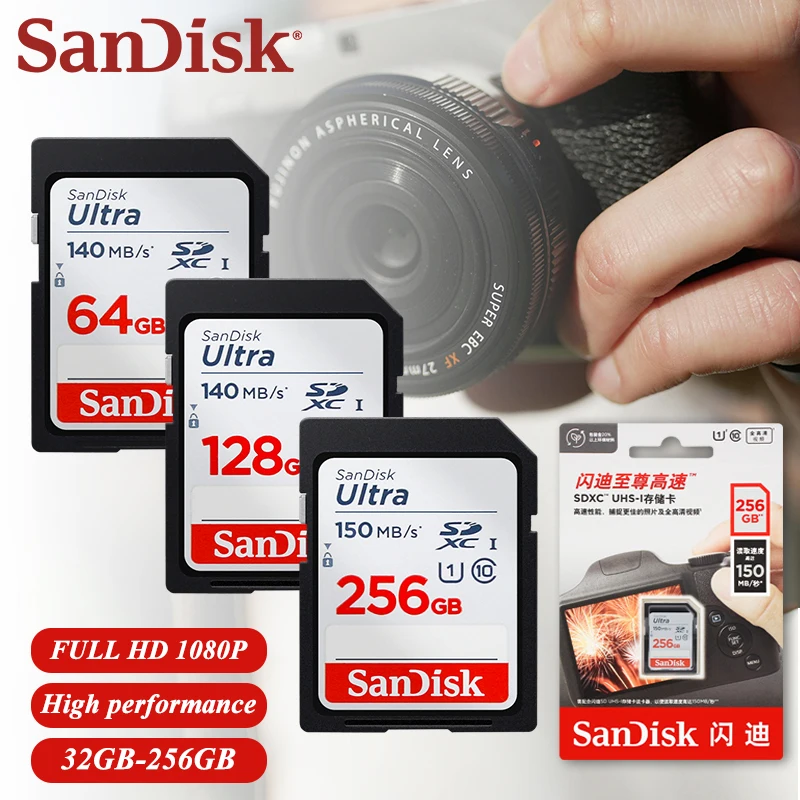 SanDisk SDHC 32 ГБ SDXC 64 ГБ 128 ГБ 256 ГБ 512 ГБ Карта памяти C10 U1 UHS-I Камера Макс. 150 Мбит/с 1080P для цифровой камеры