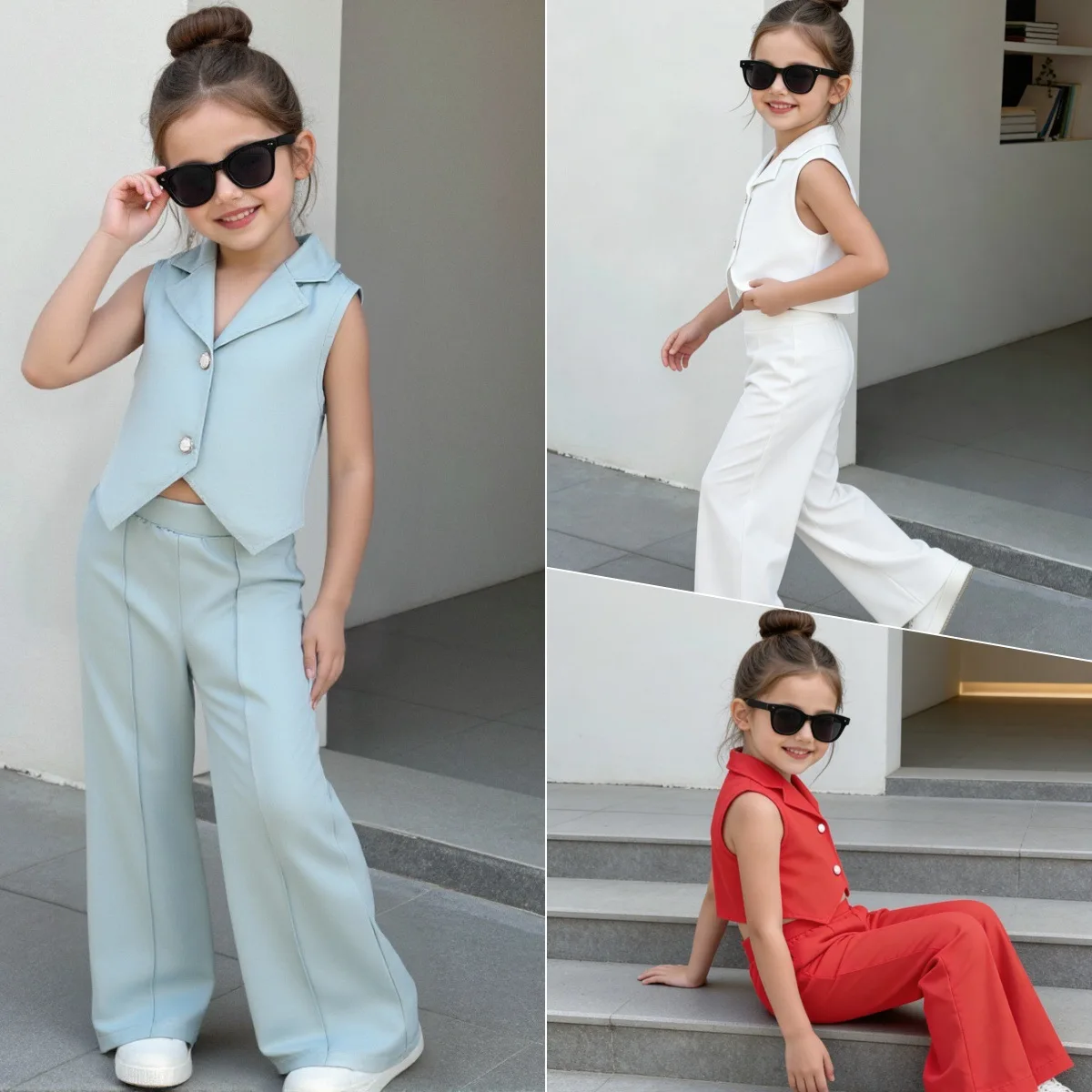 High end girls' sleeveless suit set, short vest, straight leg pants, summer two-piece set