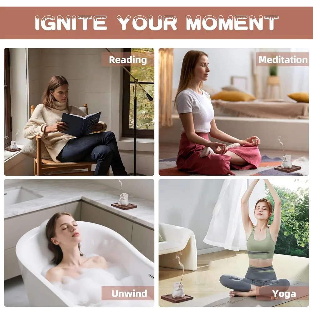 حامل بخور للعصي مع الموقد وصائد الرماد - قطة راتينج، صينية خشبية، 10 أعواد بخور للتأمل واليوجا والمنتجعات الصحية اللطيفة