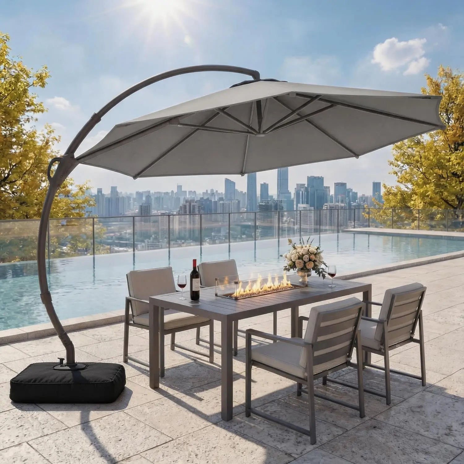 12ft Patio Cantilever Umbrella with Base Included, Outdoor Curvy Round Offset Umbrella, Heavy Duty Aluminum, Customized