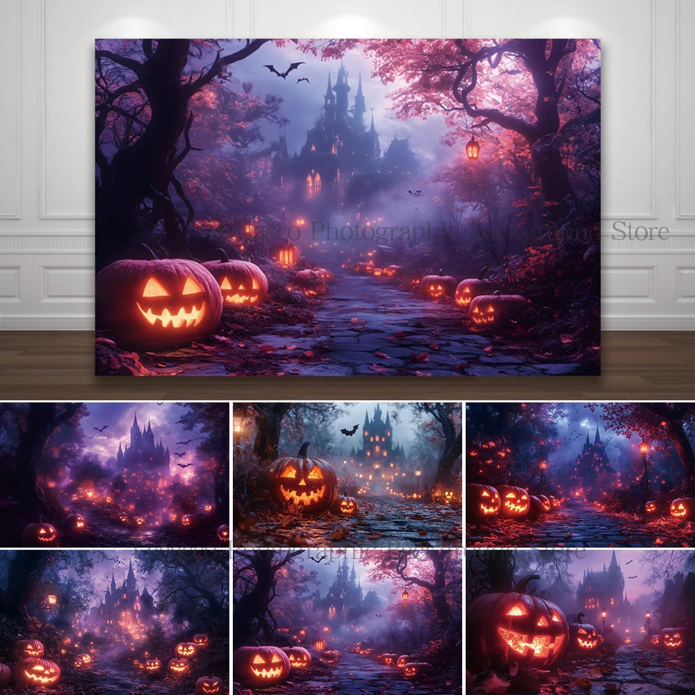 

Halloween Night Purple Photography Background Forest Castle Pumpkin Lights Bat Horror Theme Party Backdrop Poster Photo Props