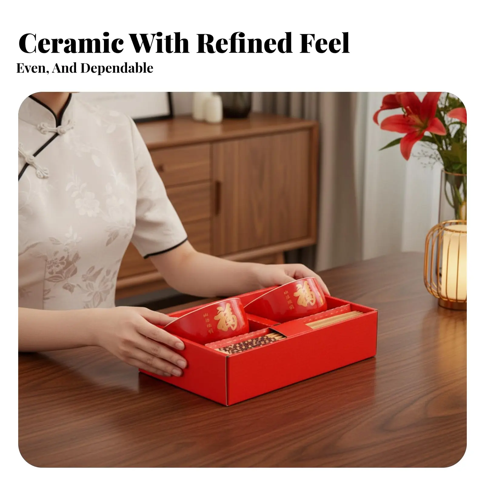Chinese Red Ceramic Bowl and Chopsticks Set, Festive Tableware, Gift Box, Wedding, Housewarming, Business Event