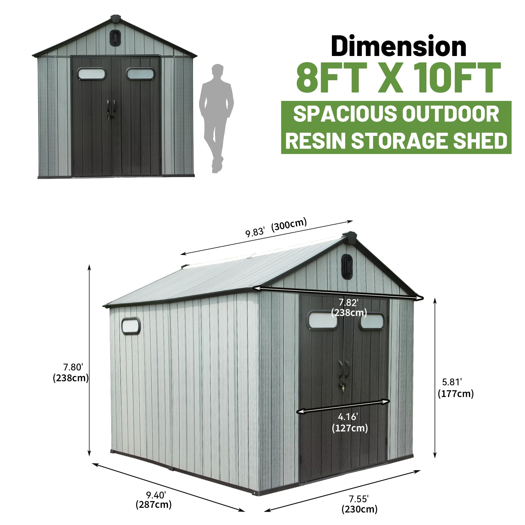 Outdoor resin storage shed lockable door waterproof plastic garden tool