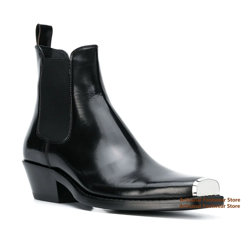 Metallic Toe Chelsea Boots Men Elastic Band Men's Genuine Leather Square Toe Boots Luxury Handmade British Trend Men Shoes