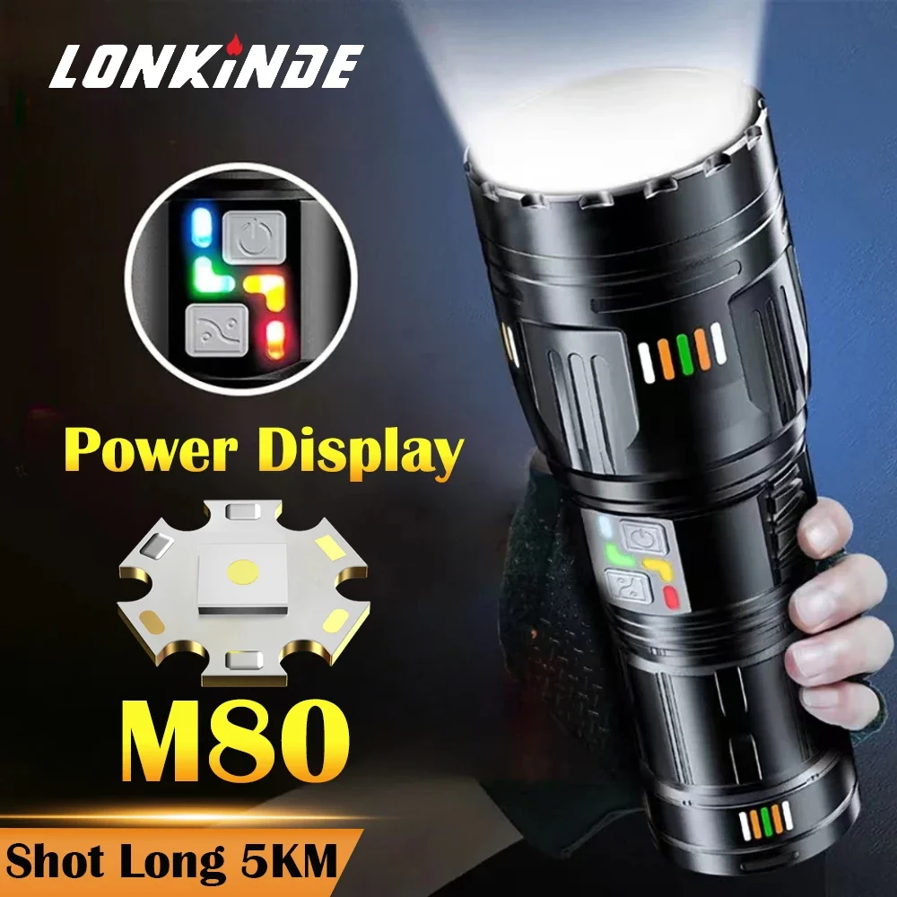 

100W Ultra Powerful LED M80 Flashlight Super Bright Long Range 5KM Tactical Zoom Emergency Outdoor Lantern WIth Power Display