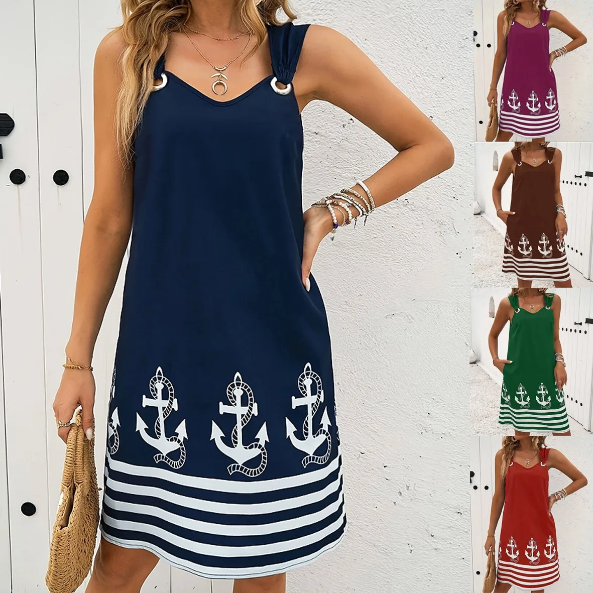 Sommerkleid für Damen, bedrucktes Sommerkleid, ärmellos, V-Ausschnitt, Tankkleid, nautischer Stil, knielang, A-Linie, einfarbig