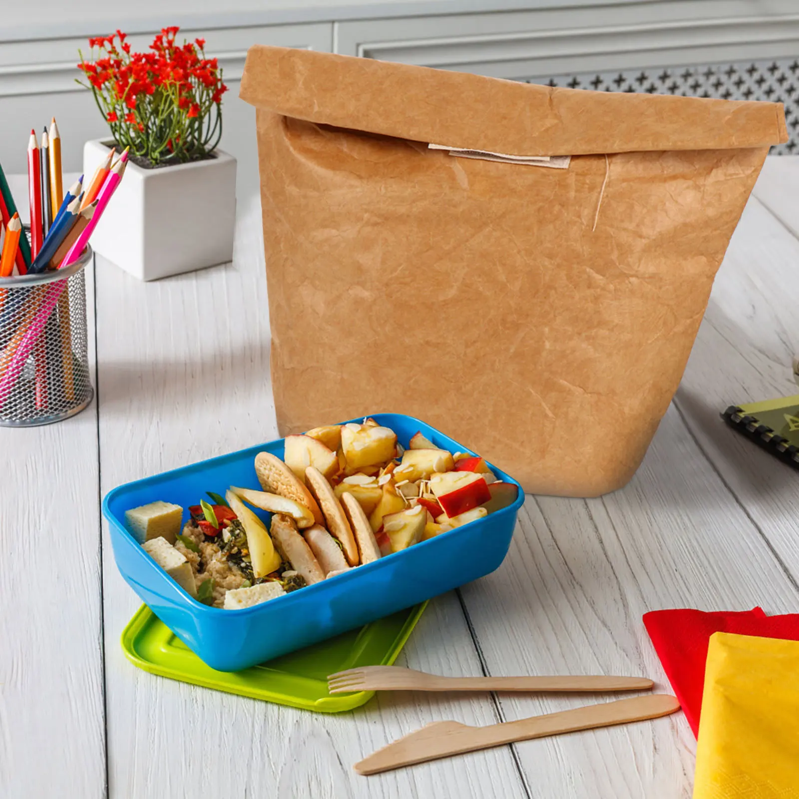 

1pc Bento Degradable Kraft Paper Bag Lightweight Foldable Lunch Box Pack For Ice Snacks Storage Brown Utility Bag
