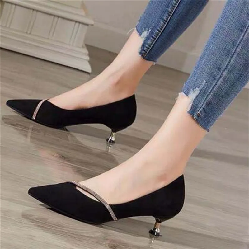 

One Word Oblique Strap New Low-heeled Shoes Women's All-match Small Fresh Rhinestone Pointed Shoes Zapatos De Mujer Pumps