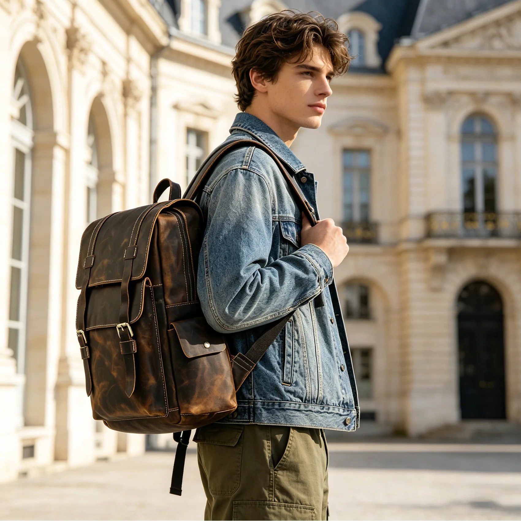 Top Layer Crazy Horse Leather Vintage Backpack, Large Capacity 15-Inch Laptop Bag, Travel & Business Casual Backpack