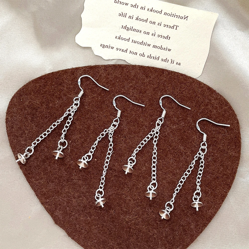 4 Pairs Silver Ear Hook with Pin Double Chain Earrings DIY Fashion Jewelry Making Semi-finished Product Accessory Materials